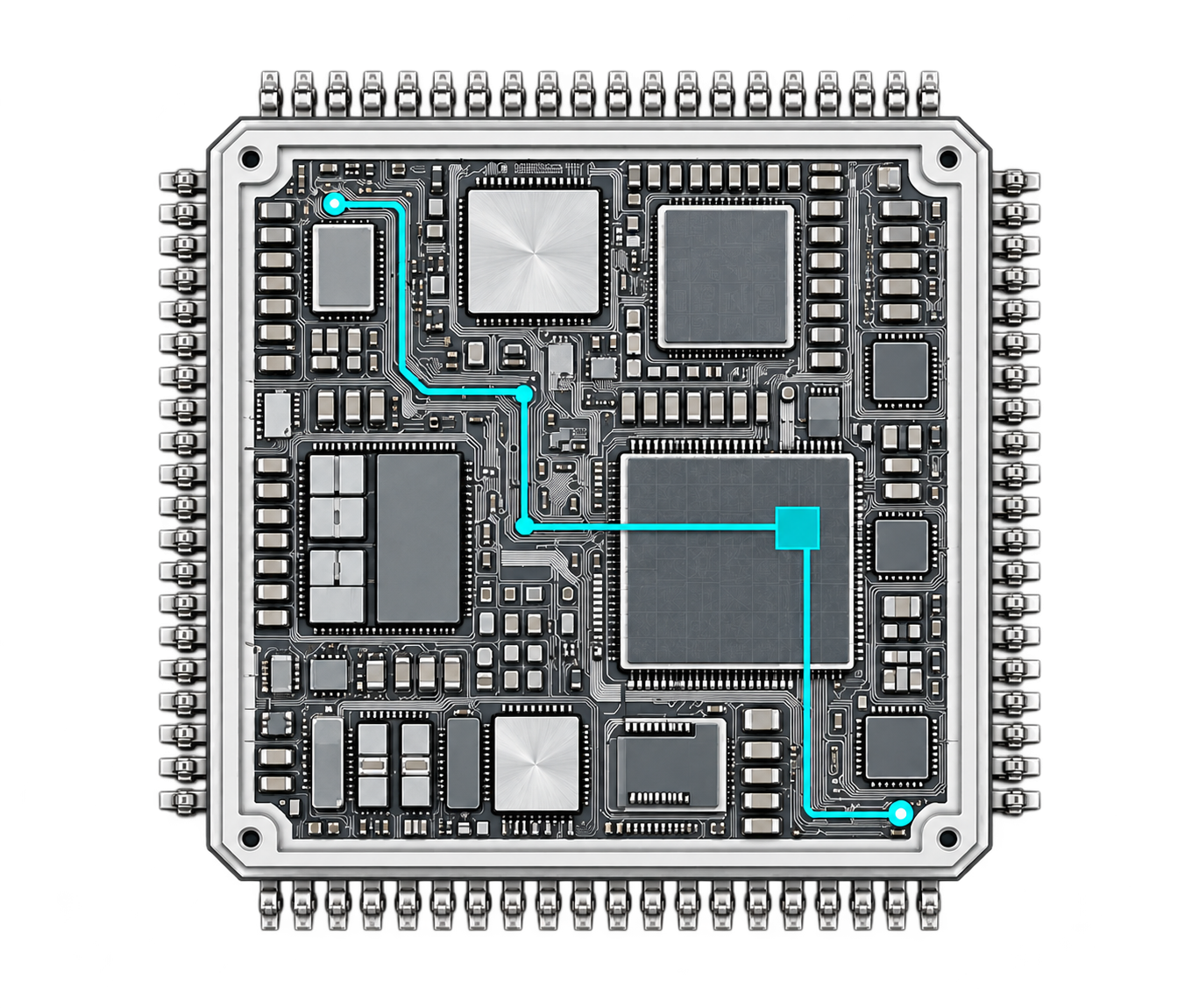 Illustration of an electronic component with a cyan signal path